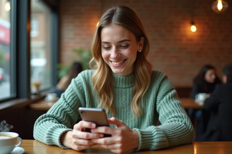 Jeune femme utilisant une application de messagerie sur son smartphone dans un café, comparaison WhatsApp et Messenger Facebook