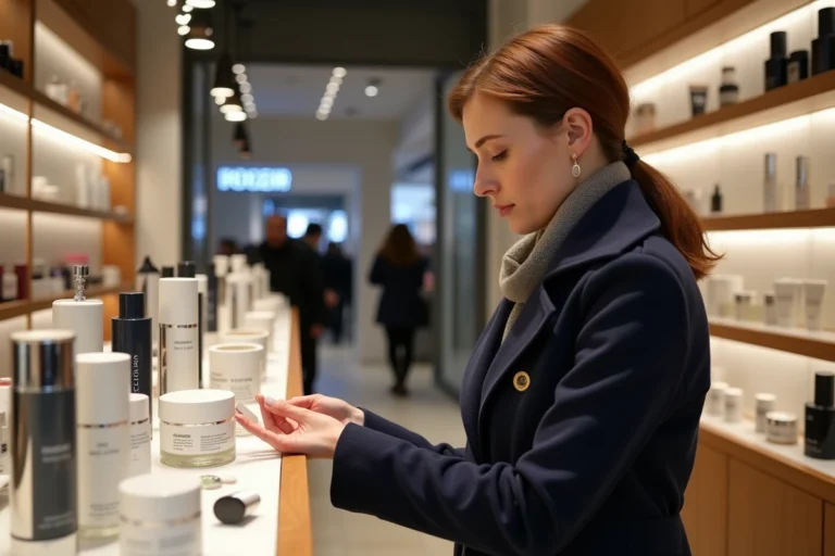 Femme élégante examine des produits de soin à Paris