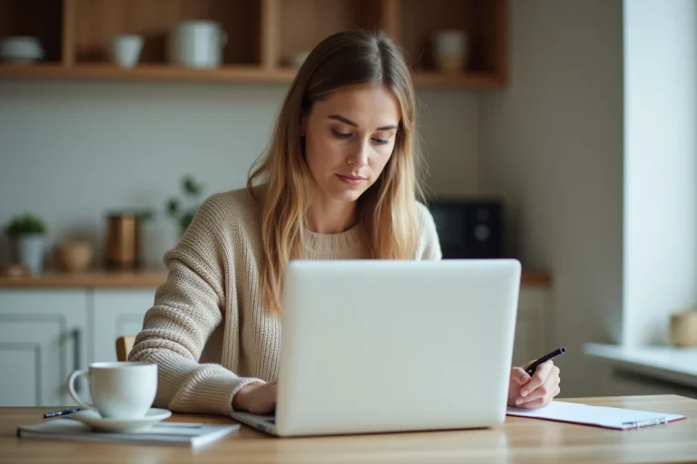 Femme concentrée travaillant sur son ordinateur à la maison