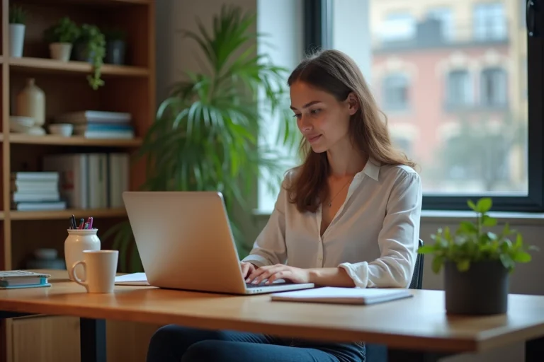 Jeune femme au bureau à domicile travaillant sur son ordinateur