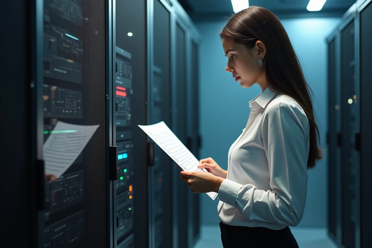 Jeune femme vérifiant une checklist de cybersécurité près d’un serveur