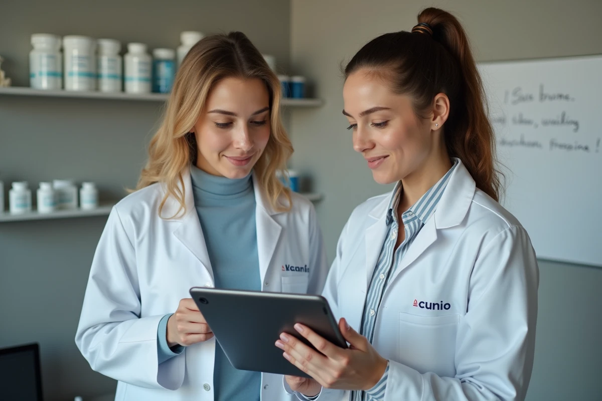 Deux femmes en formation professionnelle en parapharmacie consultant une tablette lors d'une session de formation sur les produits de santé
