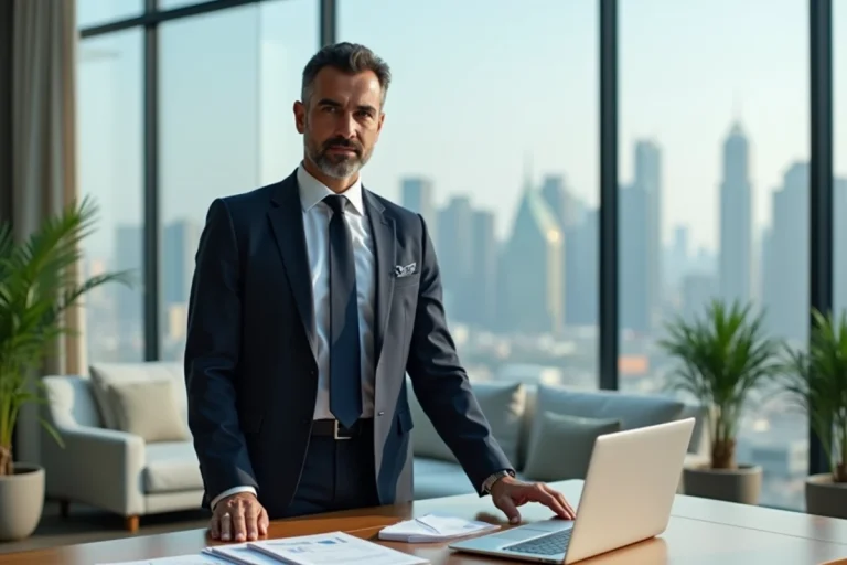 Homme d'affaires prospère en costume marine dans un bureau moderne avec vue panoramique sur la ville, illustrant le parcours et la fortune d'Hicham Bendaoud