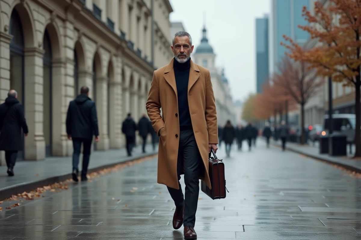 Homme d'affaires aisé marchant dans un quartier financier européen en manteau camel, symbolisant le parcours et l'ascension d'Hicham Bendaoud