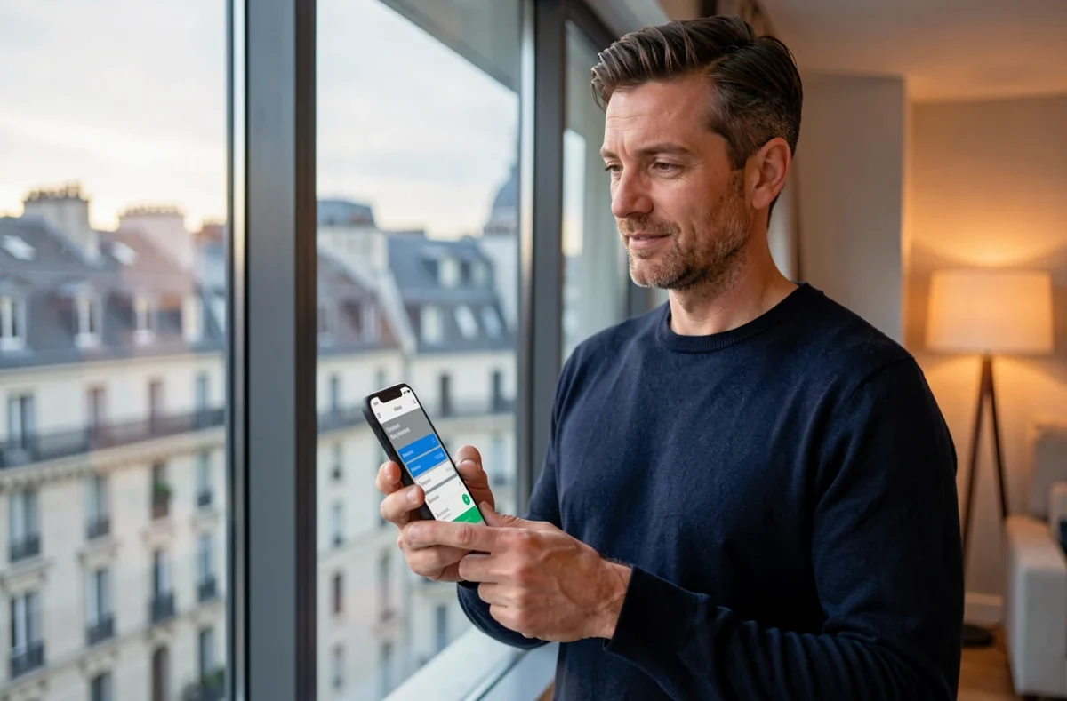 Homme consultant l'application mobile Boursobank depuis son appartement parisien avec vue sur la ville