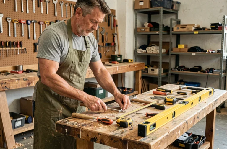 Homme bricoleur arrangeant ses outils essentiels sur un établi en bois dans un atelier de garage