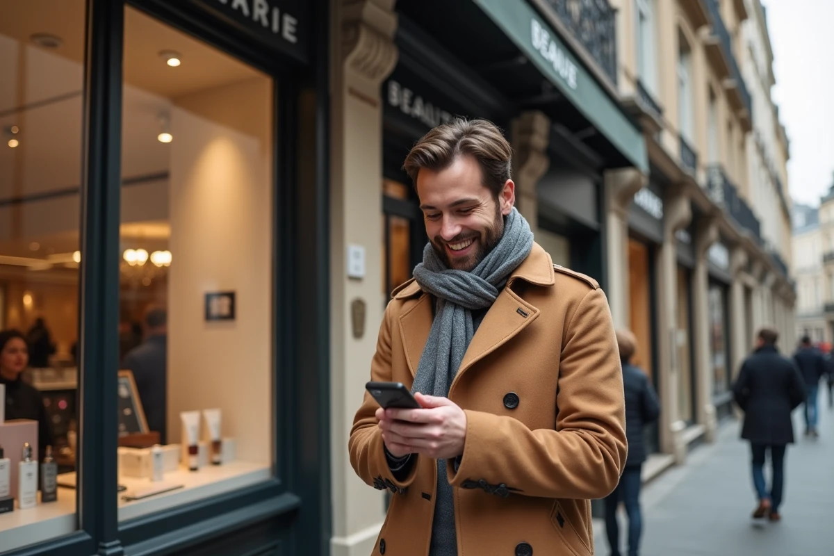 Homme souriant vérifiant son téléphone devant une boutique parisienne