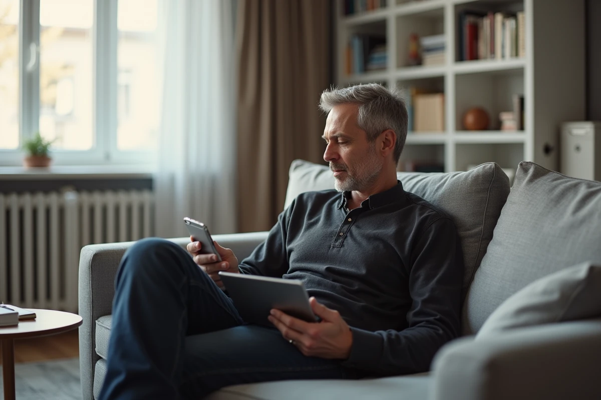 Homme à domicile analysant les différences entre WhatsApp et Messenger Facebook sur tablette et smartphone