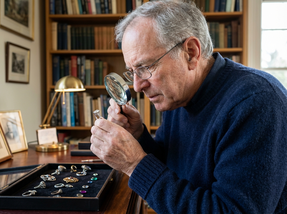 Homme âgé inspectant une bague sous une loupe dans un bureau