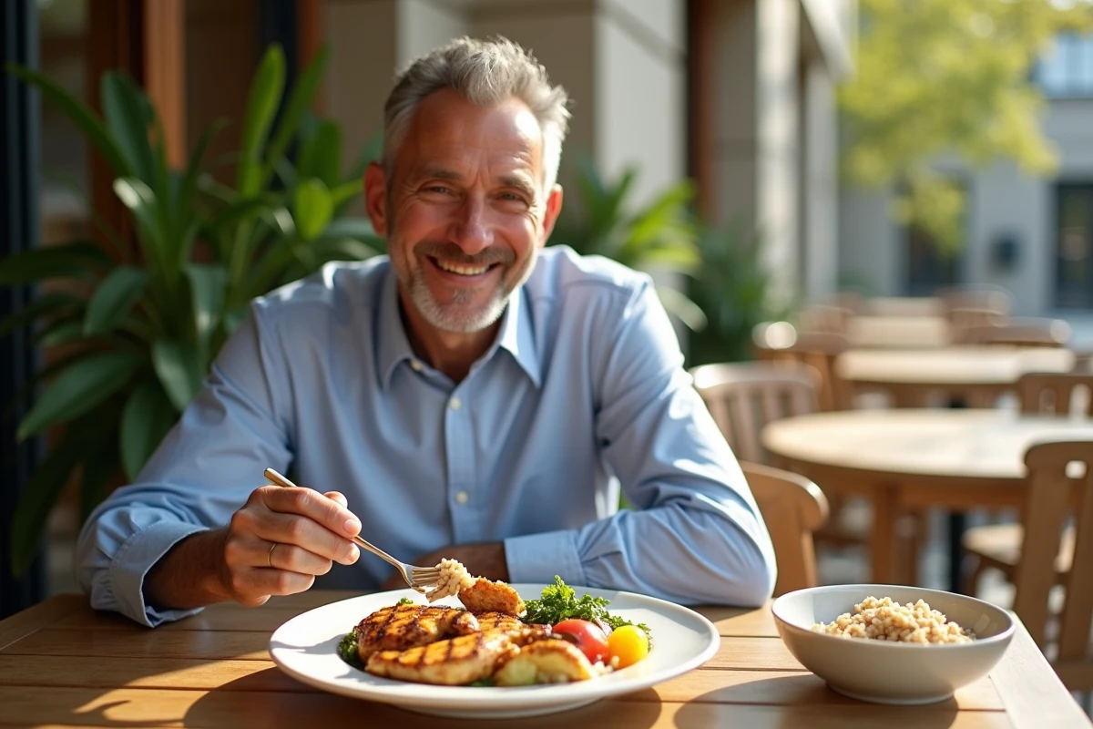 Homme dégustant un déjeuner sain en terrasse ensoleillée