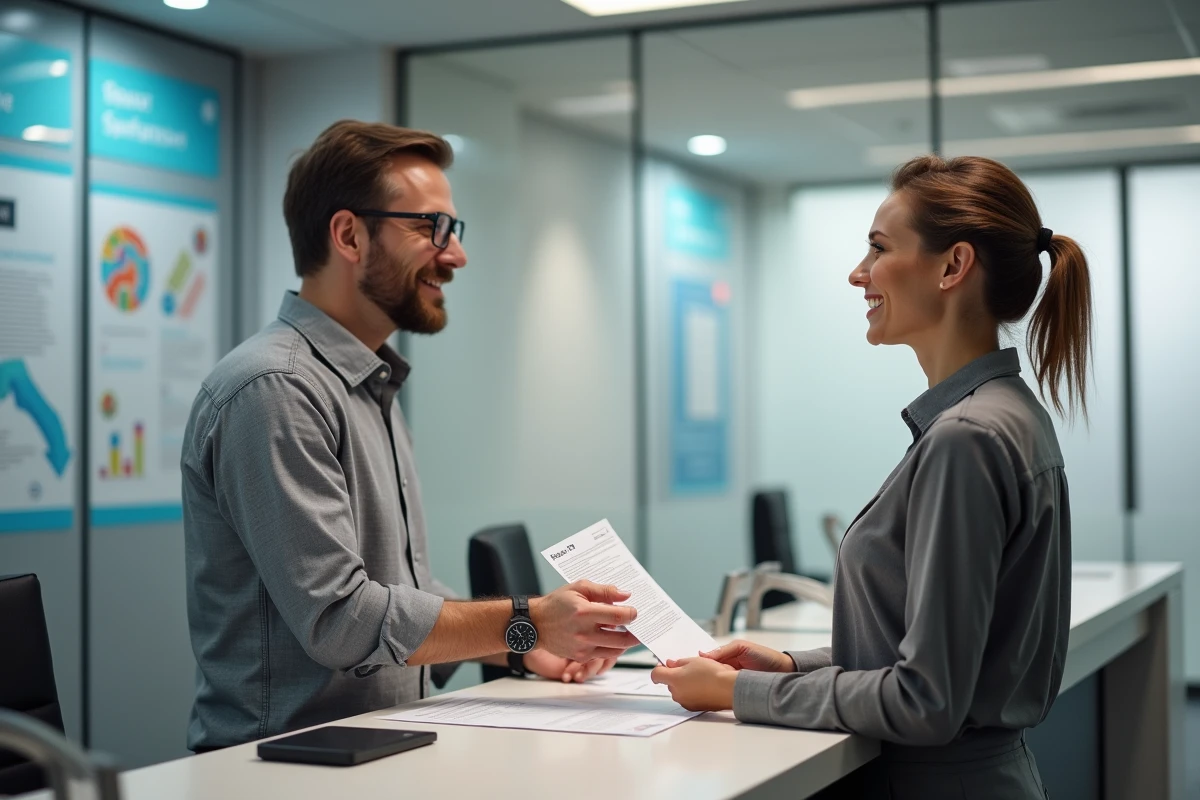 Homme remettant un formulaire Cerfa 13757 à une agente dans un bureau moderne
