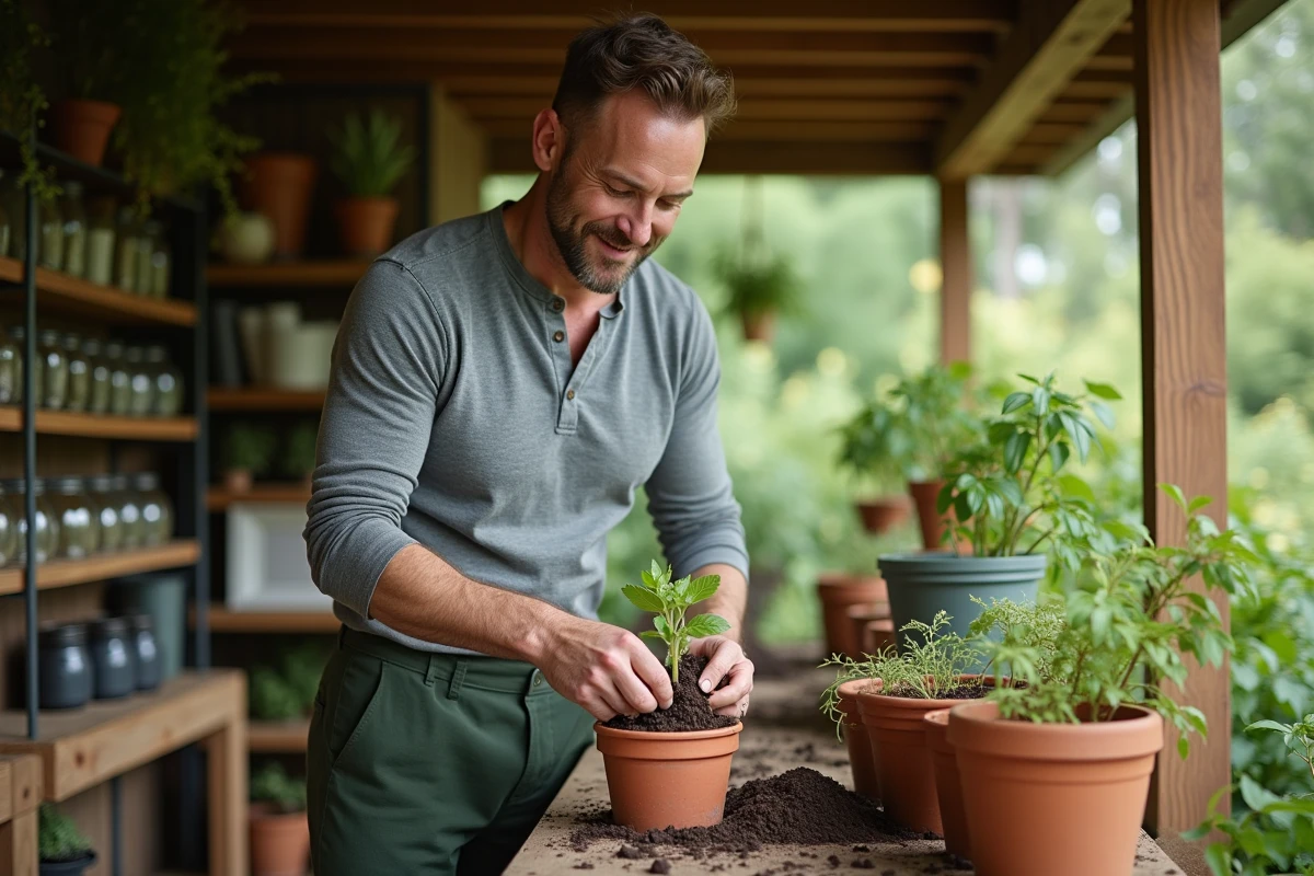 Homme rempotant des semis sur une table de jardinage en bois avec terrasse et jardin naturel en arrière-plan