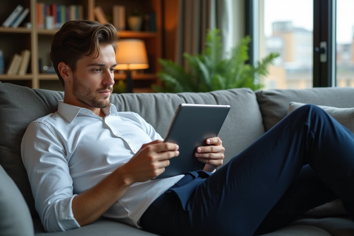 Jeune homme utilisant une tablette dans son salon