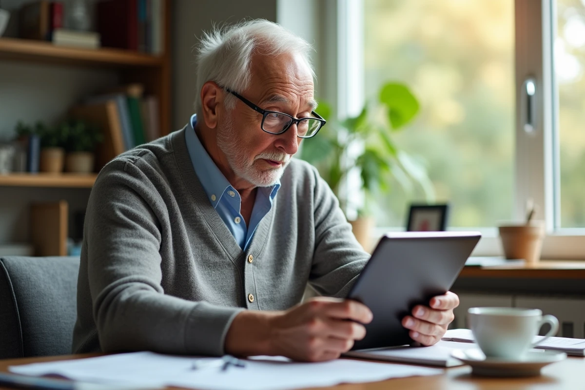 Homme âgé en téléconsultation dans son bureau lumineux