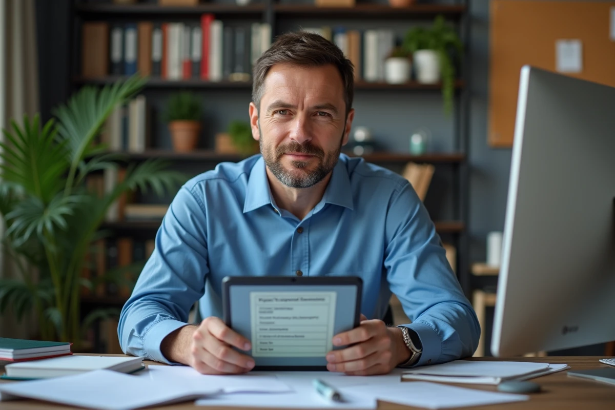 Homme concentré vérifiant ses paiements sur une tablette