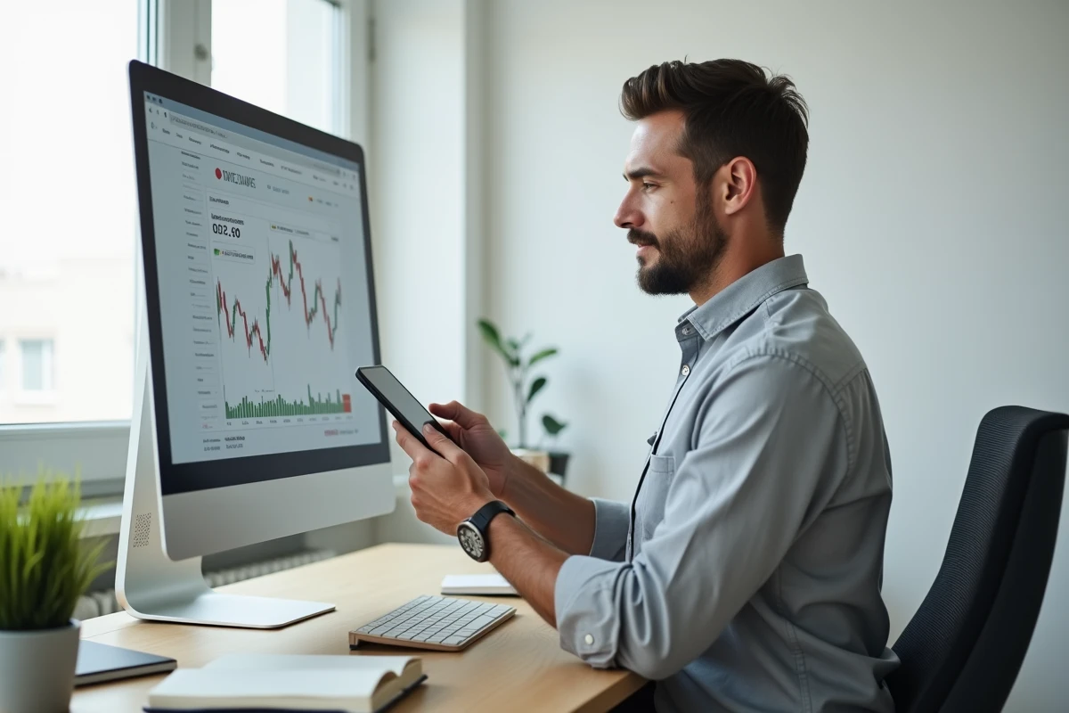 Homme professionnel consultant les dernières actualités et tendances du monde des affaires sur smartphone et ordinateur depuis son bureau à domicile