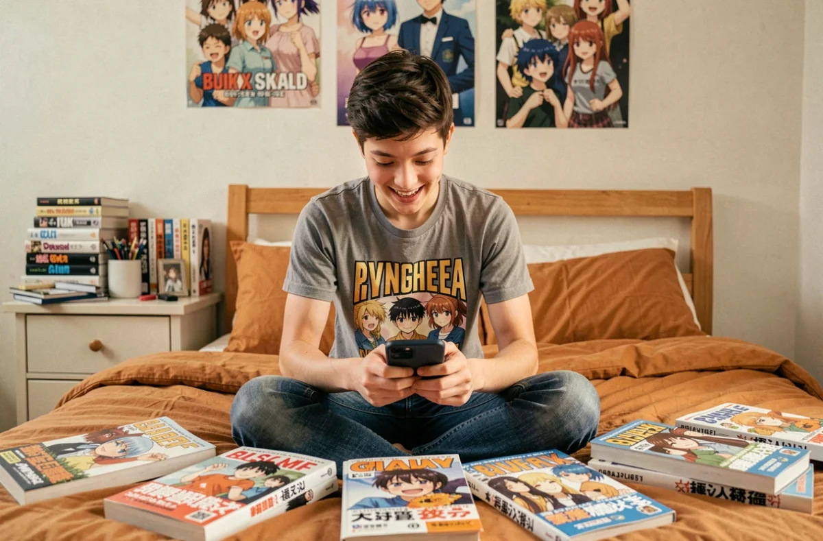 Jeune adulte dans une chambre entourée de mangas physiques consultant un site de lecture manga sur smartphone