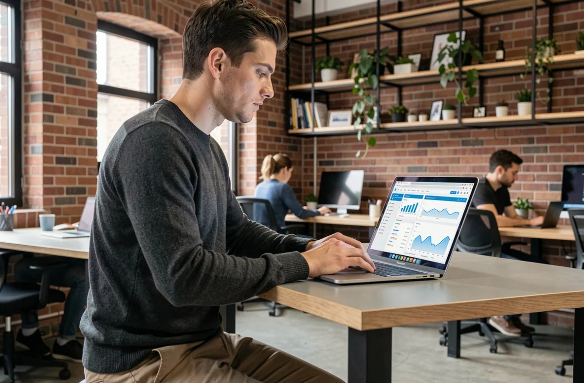 Jeune entrepreneur analysant des données business sur ordinateur portable dans un espace de coworking tendance