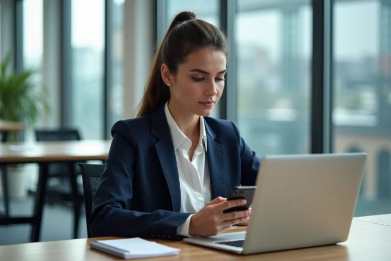 Jeune femme au bureau avec ordinateur et smartphone