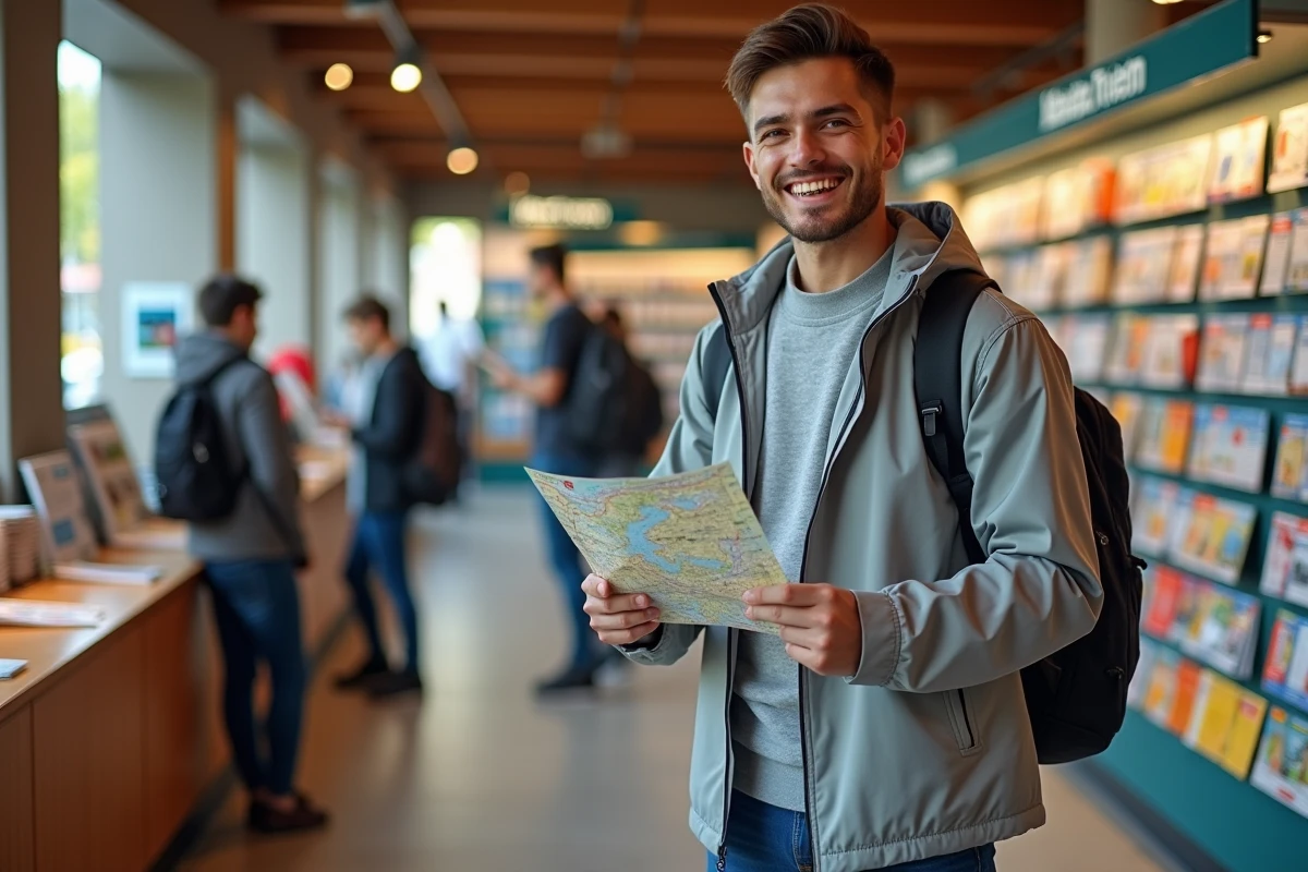 Jeune homme consulte une carte IGN dans un centre d