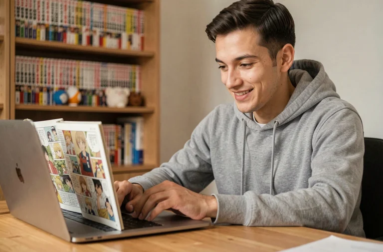Jeune homme lisant des mangas en ligne sur un ordinateur portable dans un bureau cosy rempli de volumes manga