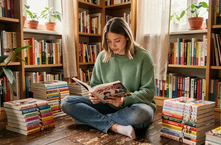 Jeune femme lisant un manga japonais entourée de piles de volumes dans une bibliothèque cosy à domicile