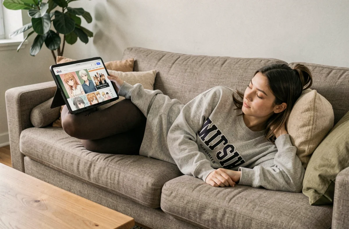 Jeune femme lisant des mangas sur une tablette allongée sur un canapé dans un salon moderne et décoré
