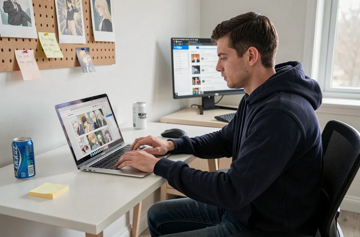 Jeune homme lisant des scans de manga en ligne sur ordinateur portable dans un bureau minimaliste moderne
