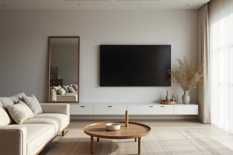 Salon moderne avec un miroir décoratif placé en face d'une télévision murale, reflétant l'écran et la pièce