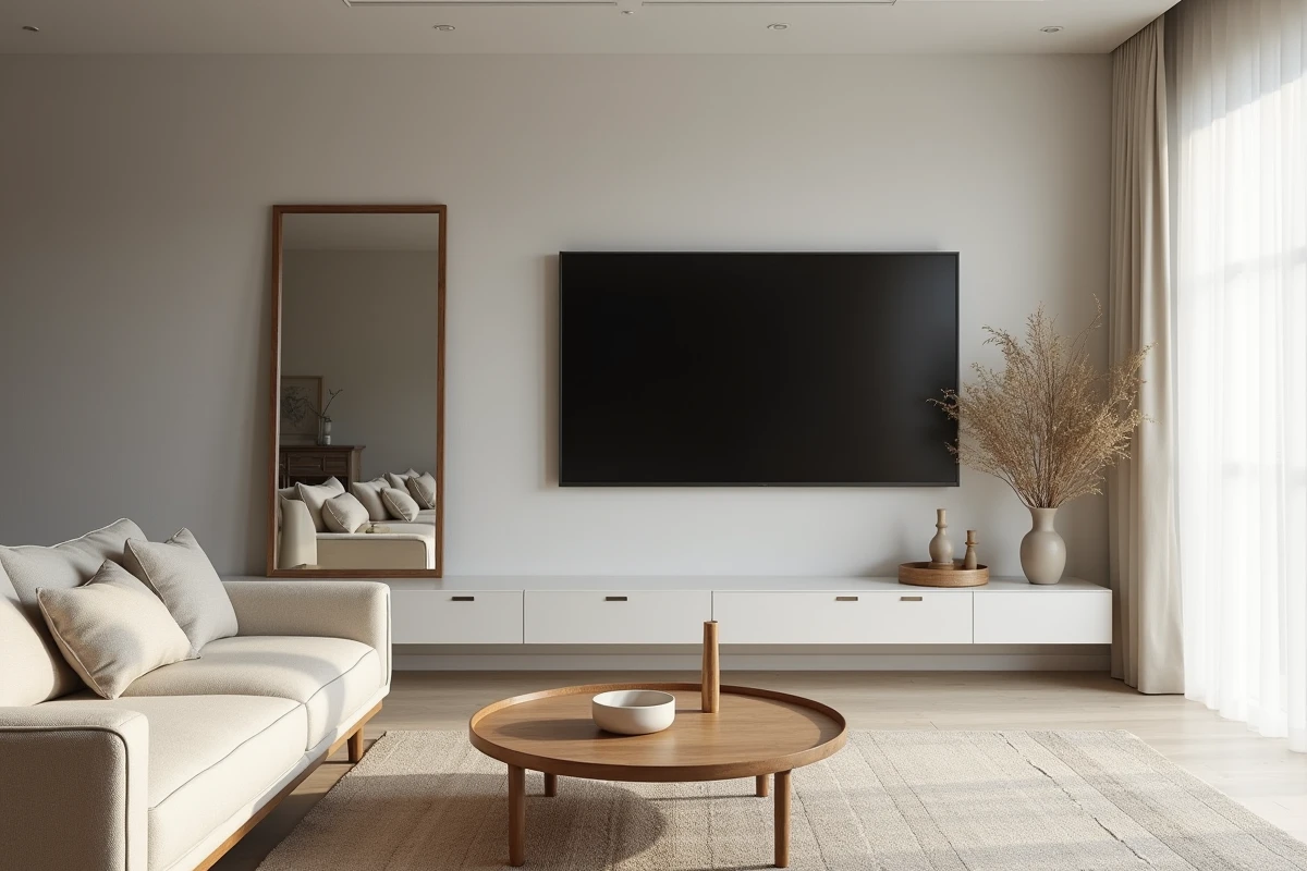 Salon moderne avec un miroir décoratif placé en face d'une télévision murale, reflétant l'écran et la pièce