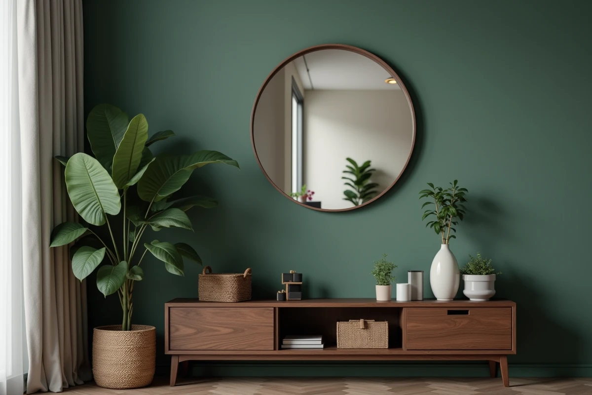 Coin salon avec meuble TV en noyer et miroir rond reflétant partiellement l'écran sur un mur vert sauge