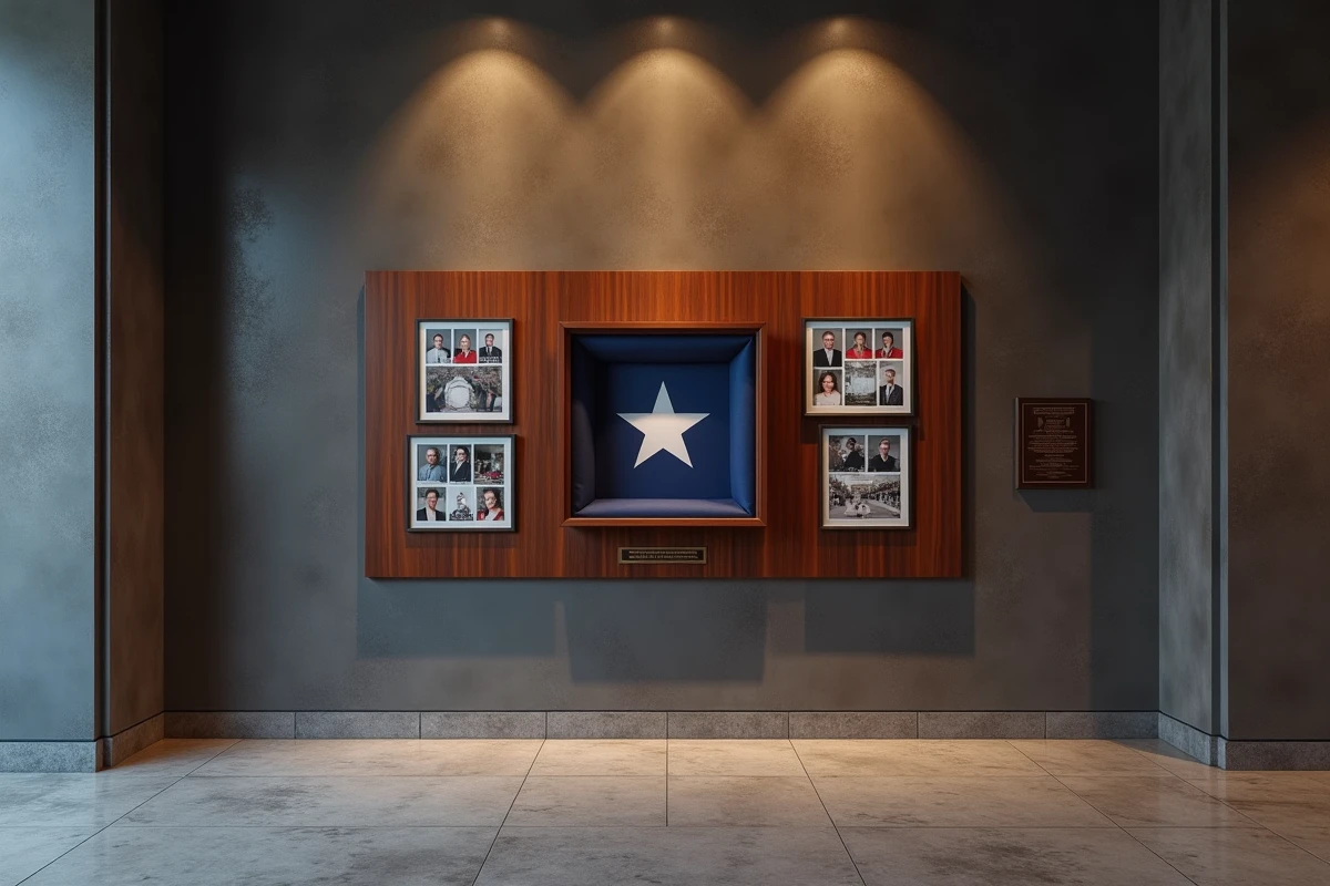 Mur commémoratif avec photos encadrées et drapeau américain plié rendant hommage à un agent disparu dans une série policière
