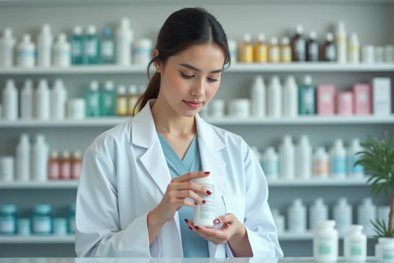 Jeune femme parapharmacienne en blouse blanche examinant un produit cosmétique derrière un comptoir de parapharmacie moderne