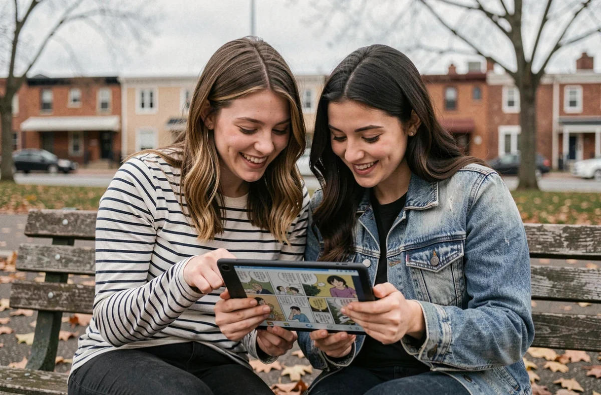 Deux jeunes femmes partageant la lecture de scans manga sur une tablette dans un parc urbain en automne