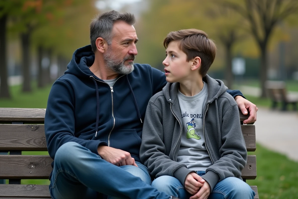 Père et fils adolescent assis sur un banc de parc en conversation authentique et bienveillante