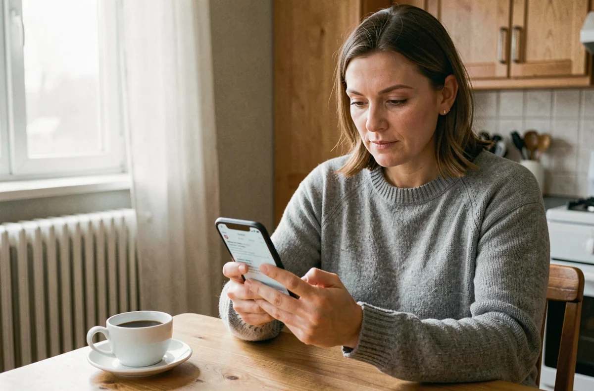 Femme recherchant un artisan chauffagiste qualifié sur son smartphone dans sa cuisine
