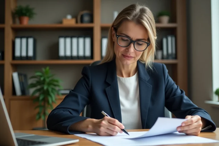 Responsable RH féminine examinant un contrat de travail CDDI dans un bureau professionnel