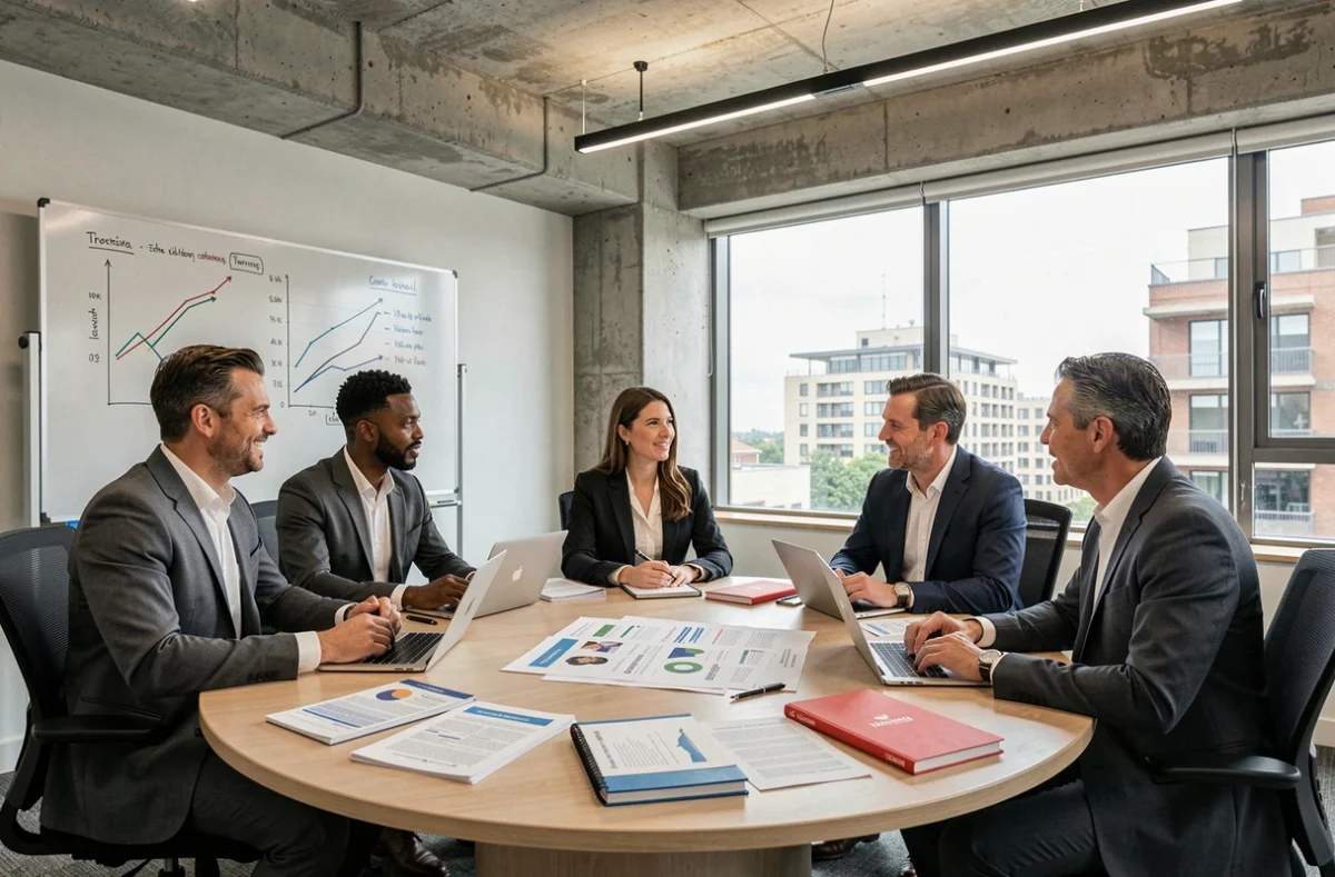 Réunion d'équipe dirigeante autour d'une table de conférence analysant les tendances business mondiales