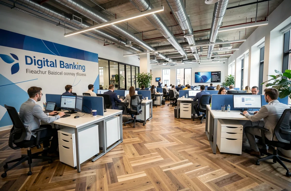 Vue intérieure du siège social d'une banque en ligne moderne avec des équipes travaillant dans un open space technologique