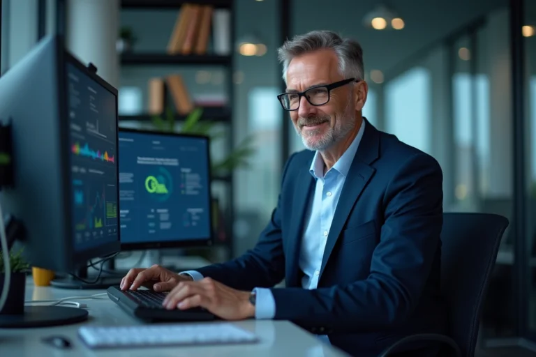 Homme IT en costume dans un bureau moderne avec écrans de cybersécurité