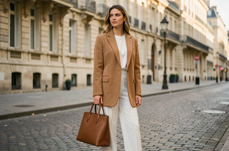 Femme élégante portant un blazer camel oversize et un pantalon large blanc dans une rue parisienne pavée, tendance mode automne 2024
