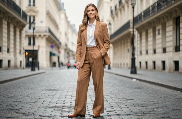 Femme élégante en blazer camel oversize et pantalon large dans une rue pavée parisienne, tendance mode automne-hiver