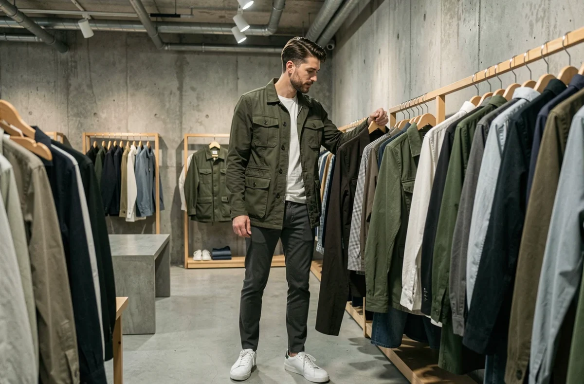 Homme en veste utility kaki dans un concept store minimaliste, explorant les tendances mode masculine 2024