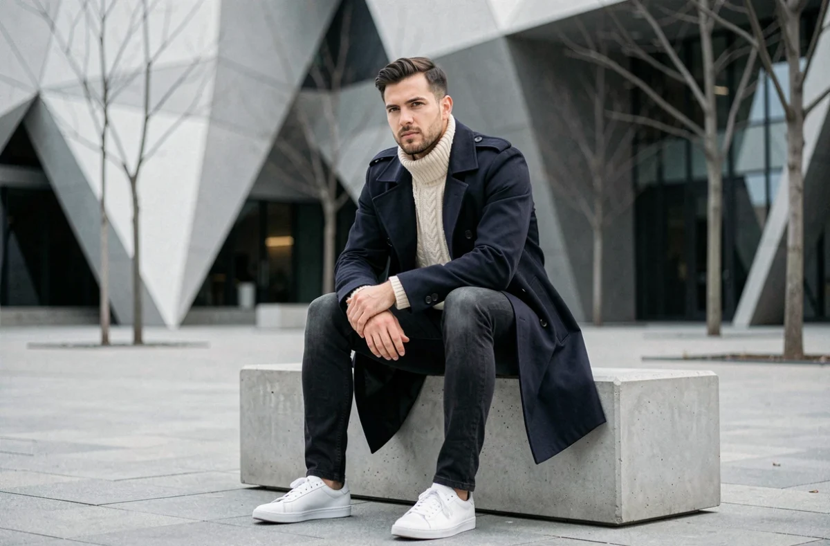 Homme stylé en trench coat marine et col roulé crème assis dans une place urbaine moderne, style mode masculine contemporaine